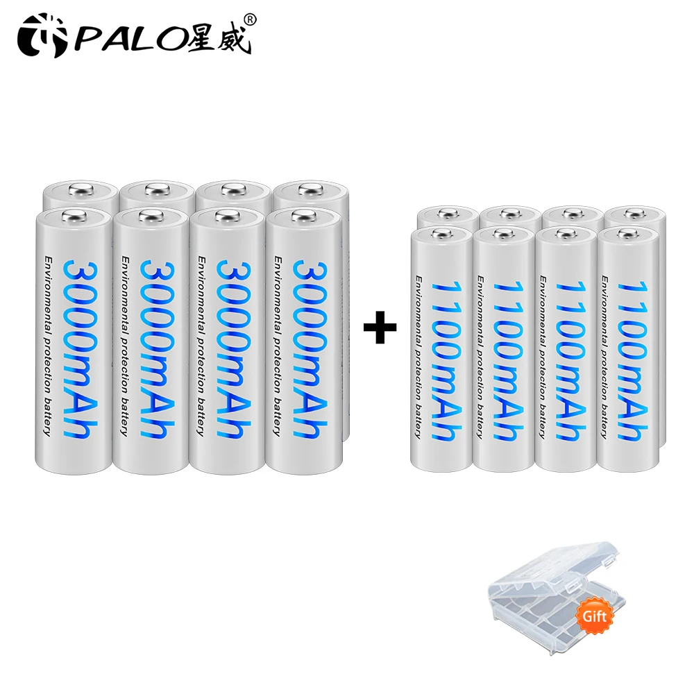 PALO 1.2V 3000mAh rechargeable AA battery + 1.2V 1100mAh AAA NIMH battery NIMH AA batteries for toy camera + battery case