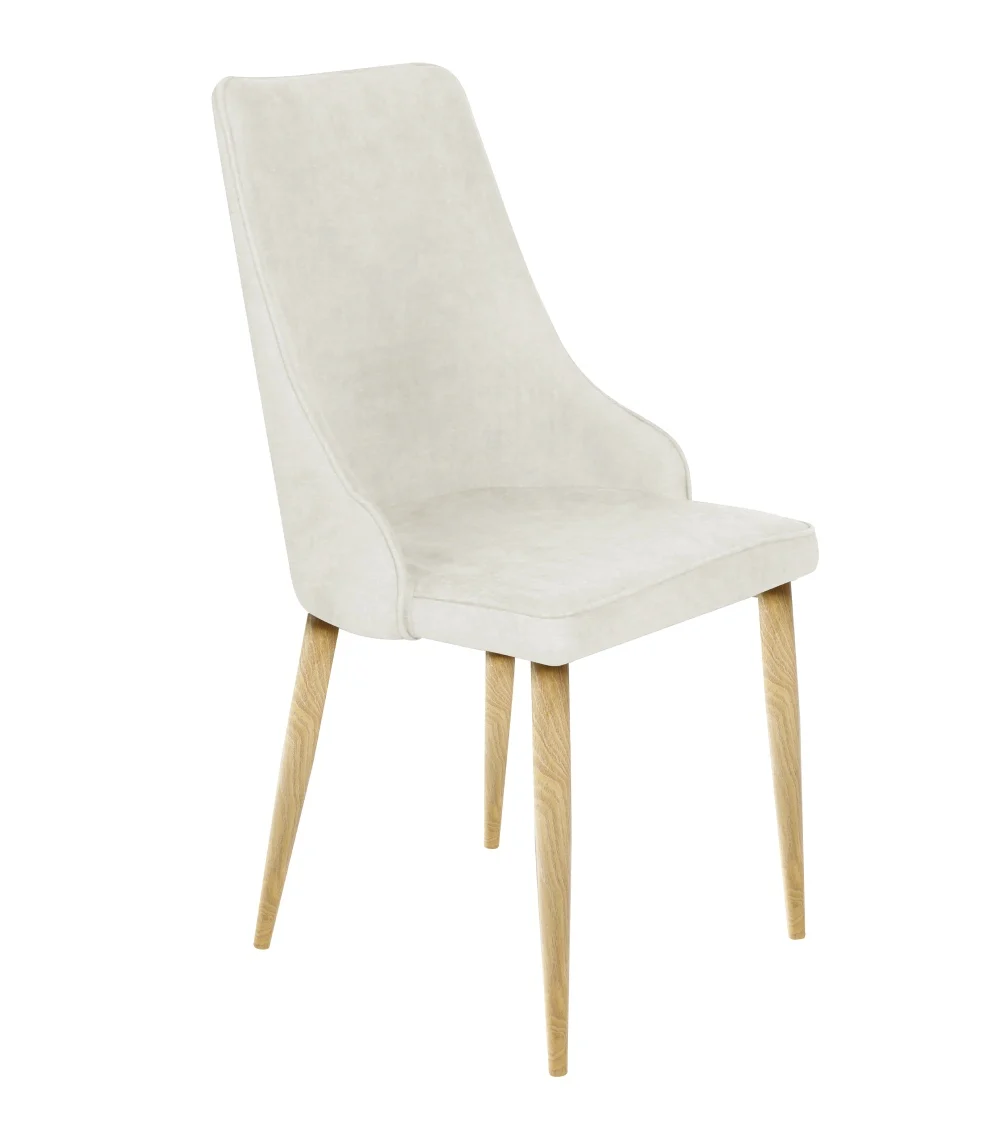 Pack 4 BERGEN dining chairs. Elegant chair with envelope backing stain-resistant fabric. Legs metal finish oak.