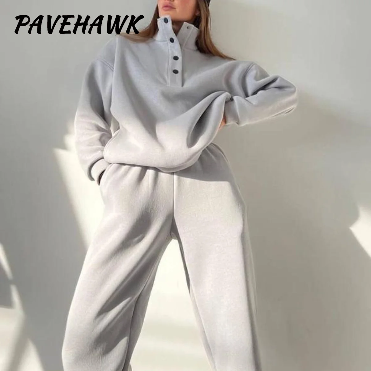 Women Elegant Solid Hoodies Sets Long Sleeve Stand Up Collar Loose Thick Button 2 Piece Set Loose Casual Pullover Long Pant Suit