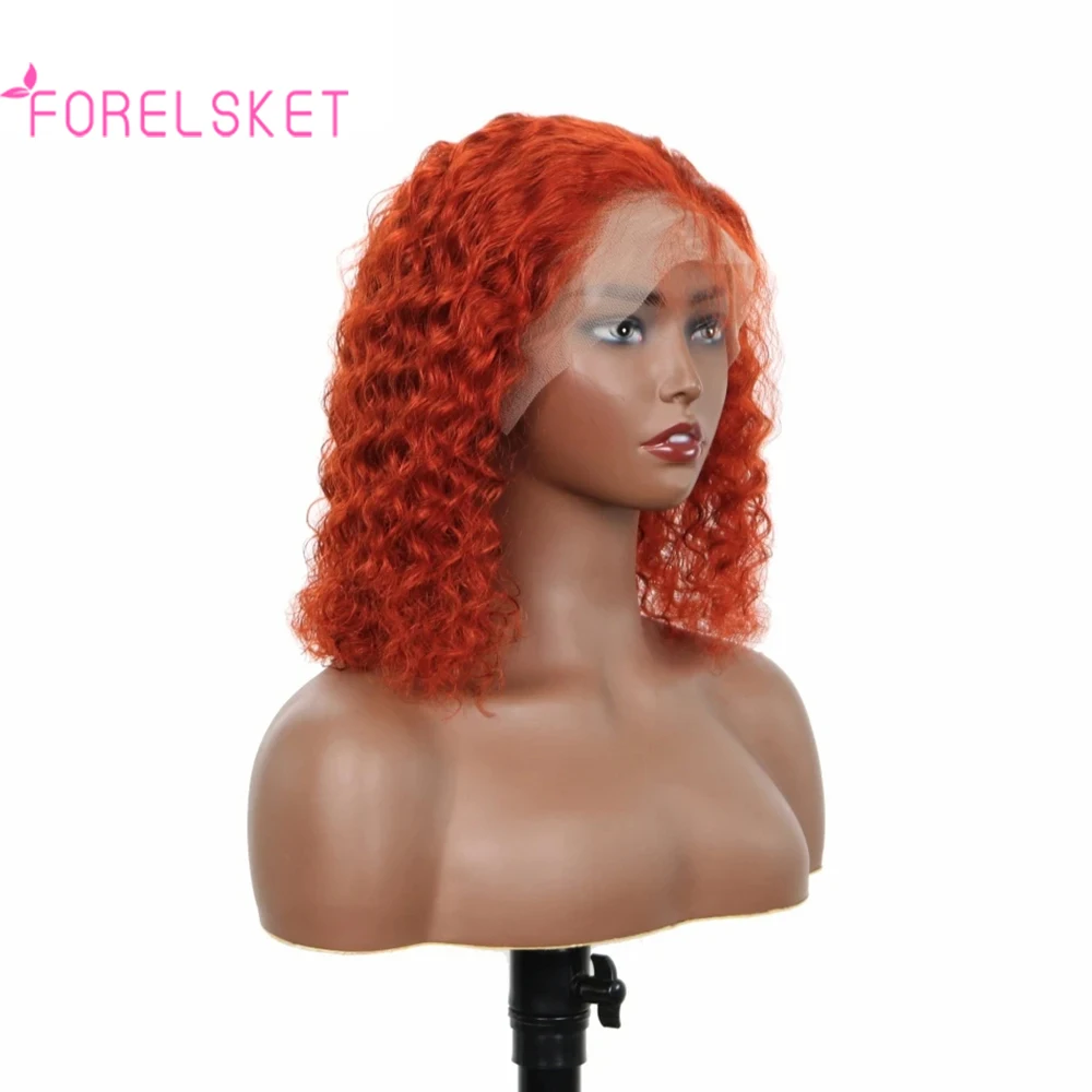 FORELSKET Ginger Orange Medium Long Deep Wave Wig Curly Wavy Wig 13x4 Lace Front Human Hair Wig Natural Hairline With Baby Hair