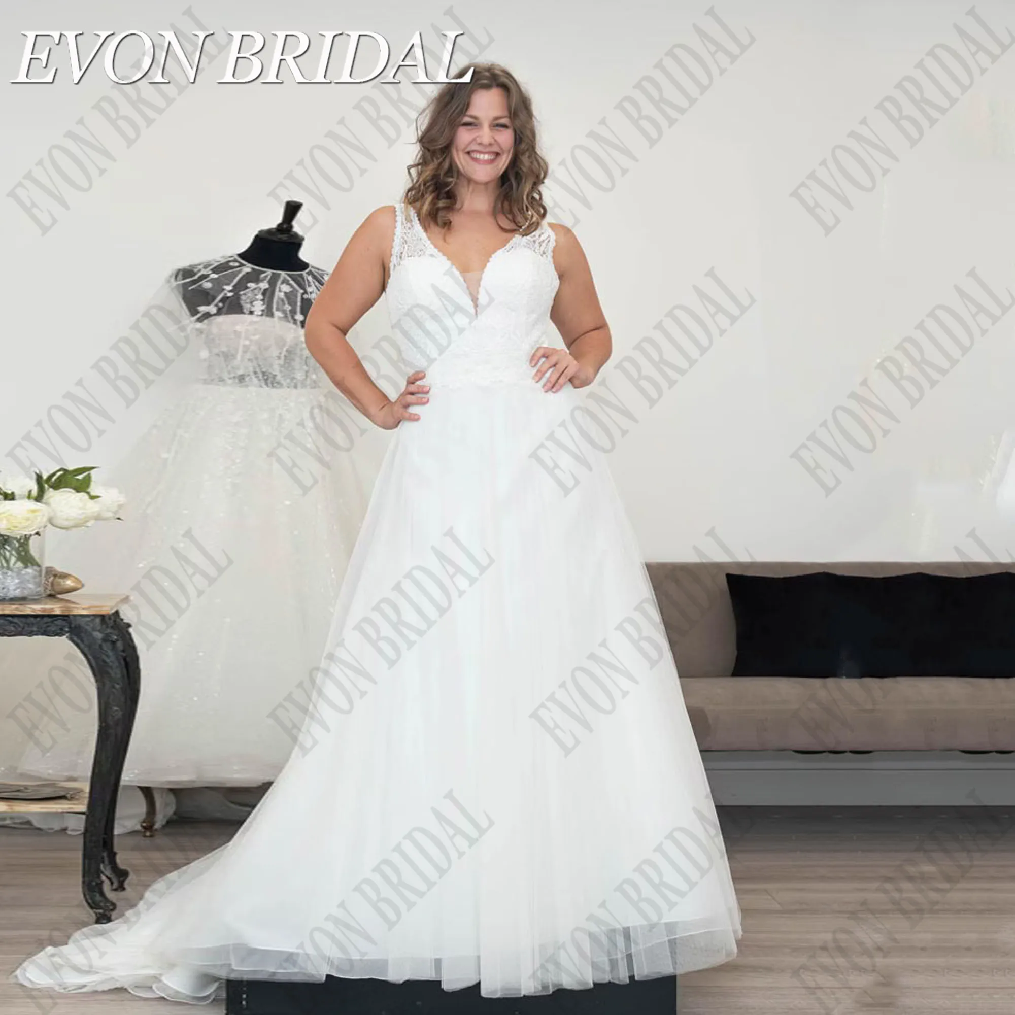 

EVON BRIDAL Customized Elegant Lace Wedding Dress Plus Size Sleeveless A-Line Bride Gowns For Women Backless Wedding Dresses