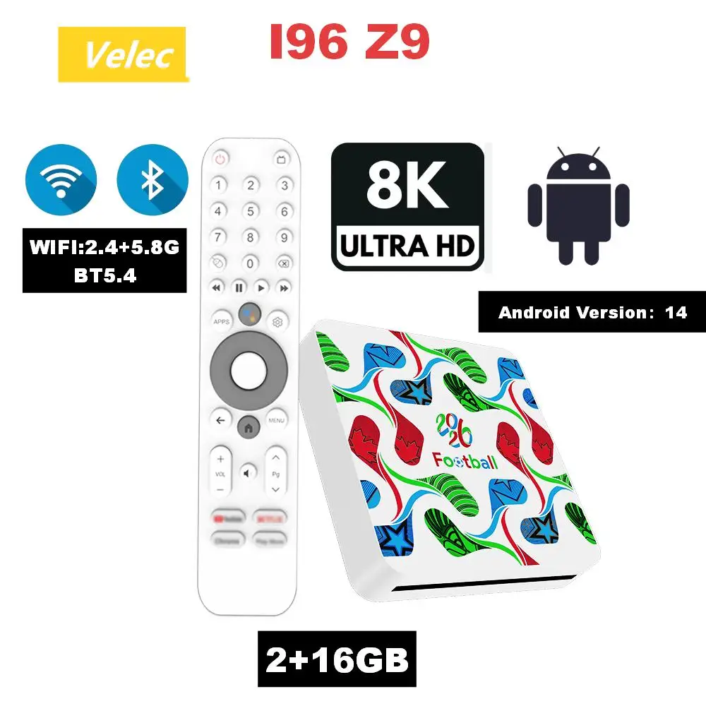 

Vlelec I96 Z9 8K UHD Android14 2+16GB 2026 New Limited Edition TV Box Set-Top Box Smart Voice Remote Control BT5.4 Dual Wifi
