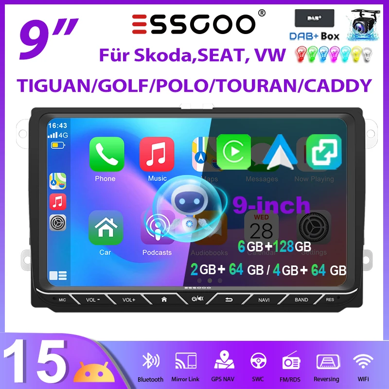 ESSGOO Autoradio Android15 9" 4+64G/6+128G für VW Tiguan Caddy EOS Jetta T5 Passat B6 B7 Polo 6R Golf 5 6 Touran GPS Navigation RDS WiFi 2+64G Wireless CarPlay Android Auto Bluetooth FM