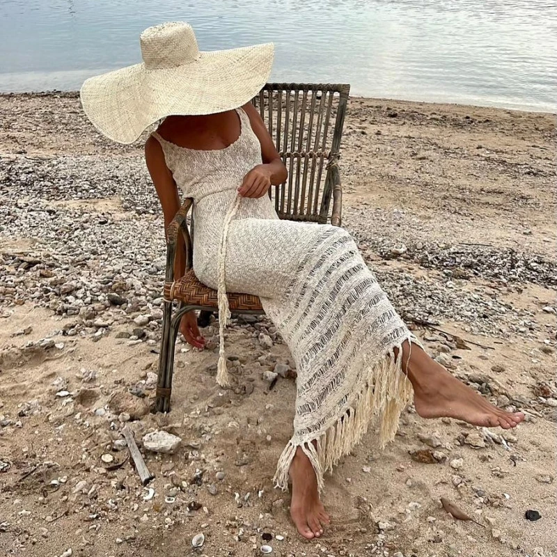 女性のセクシーなノースリーブバックレスマキシドレスタッセルかぎ針編みビーチカバーアップ水着ニットビキニ夏水着