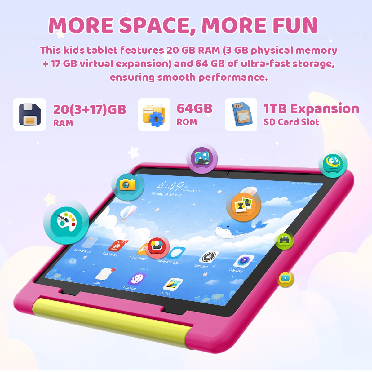 Kids Tablet 10.1 Inch Android 16 Tablet PC 20(3+17)GB RAM 64GB ROM A333 Five‑Core HD LCD Display 5000mAh Children Learning Tablet Only Tablet No Accessories Pink Green