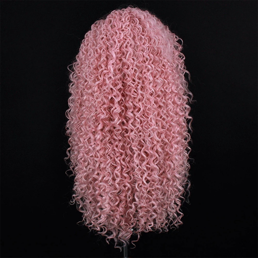 High Quality Synthetic Fibre Pastel Pink Blend Human Hair Wig Heat Resistant Curly Texture Lace Front Wig Side Part Thick Curls