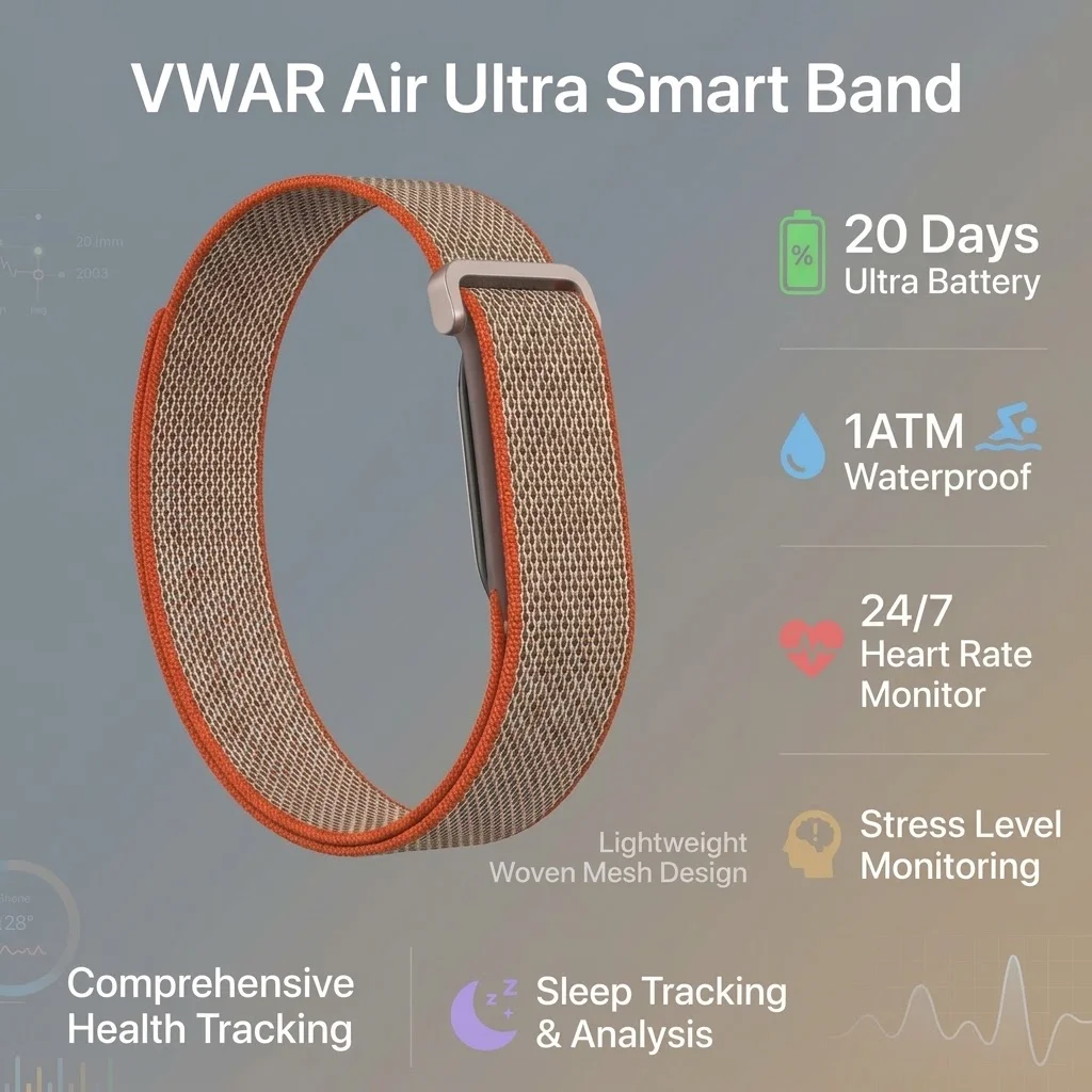 Pulseira Inteligente VWAR Air Ultra com Bateria de 20 Dias, À Prova D'Água 1ATM, Monitor de Frequência Cardíaca, Estresse, Sono e Fitness 24/7, Relógi
