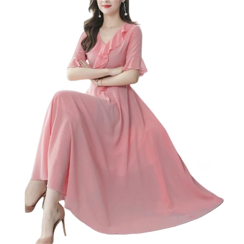 Chiffon Dress with Flared Sleeves, V-neck, Slim, Thin Temperament, Big Swing, Korean, Summer, New Fashion