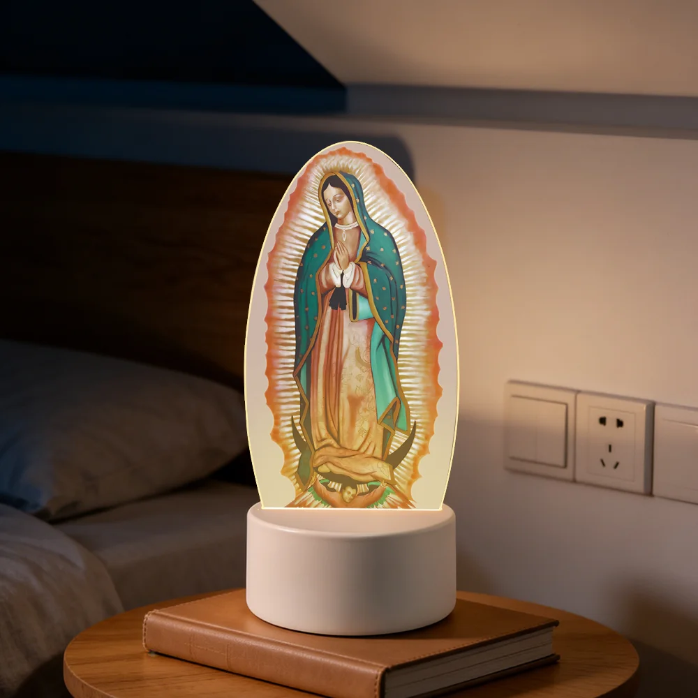 Veilleuse LED en acrylique Notre-Dame de Guadalupe – Ornée de symboles de la Grâce et de la Miséricorde divines – Éclairage d'ambiance chaleureux alimenté par USB