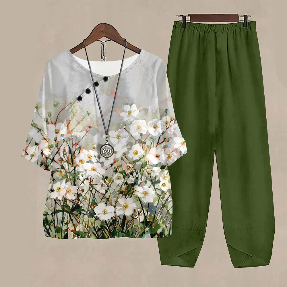 New Two Piece Sets Women O Neck Half Sleeve Suit Flower Print Elegant Ladies Tops Summer Female Outfits High Waist Loose Pants