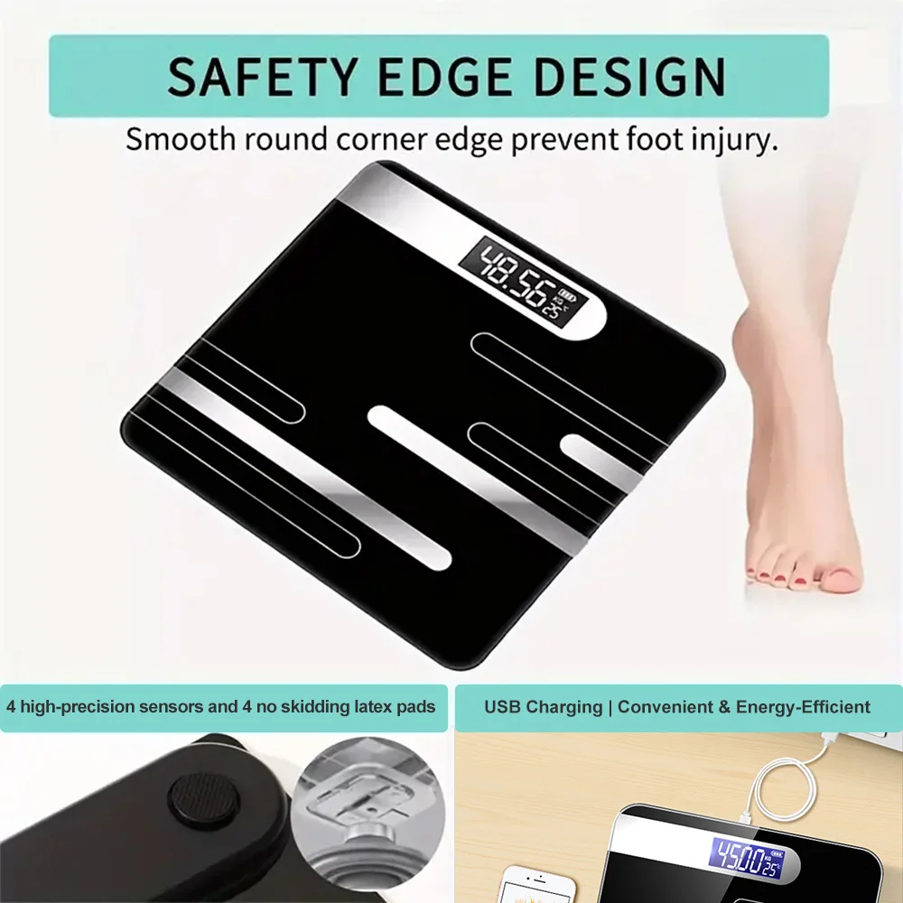 مقياس وزن الجسم الرقمي الأنيق مع شاشة LCD، مقياس صحي دقيق قائم على الأرض، وزن الجسم، الدهون، هدية رائعة