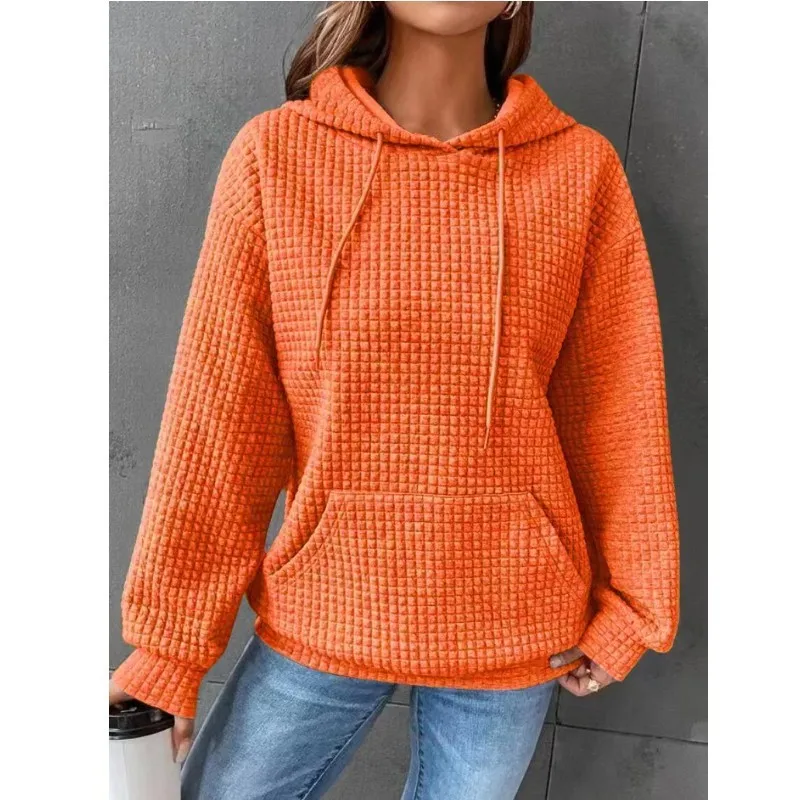 Women's Winter Thick Waffle Knit Solid Color Round Neck Pocket Sweatshirt Hip Length Crinkled Hoodie Women's Hoodies And