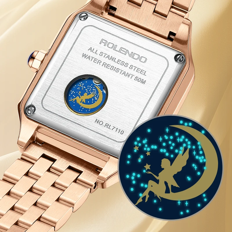 ROLENDO Light Luxury Gold Square Watch 33mm Diamond Sapphire Crystal Women's Auto Mechanical Roman Scale Waterproof Watch Gift