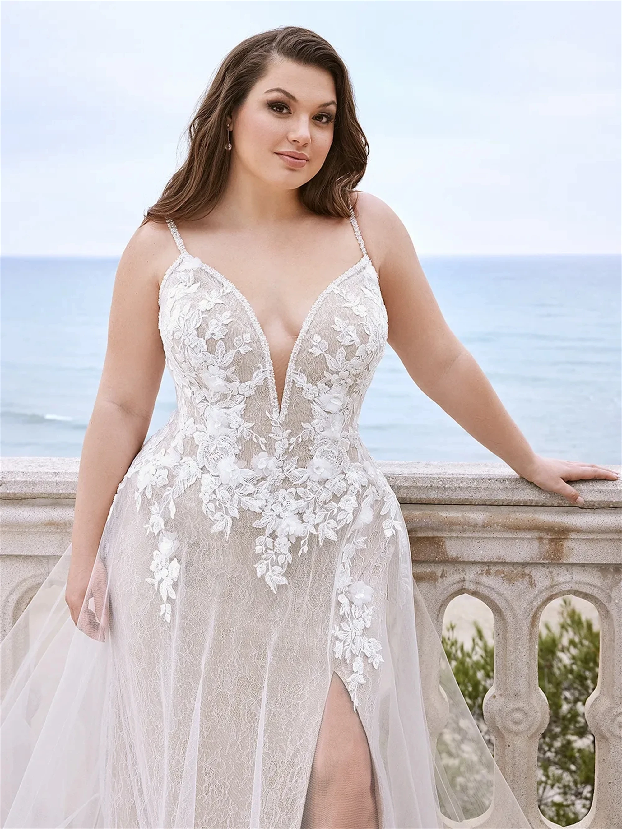EVON BRIDAL Rückenfreier Tüll Durchsichtiges Split-Design Plus Size Brautkleider Spitzenapplikation Vestidos De Novia Lange Brautkleider