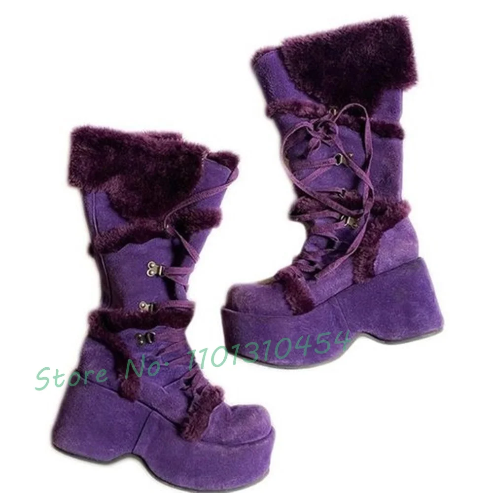 Purple Fur Platform Boots Women Round Tip Lace-up Fluff New In Knee High Boots Dark Style Ladies Warm Winter Cotton Snow Shoes