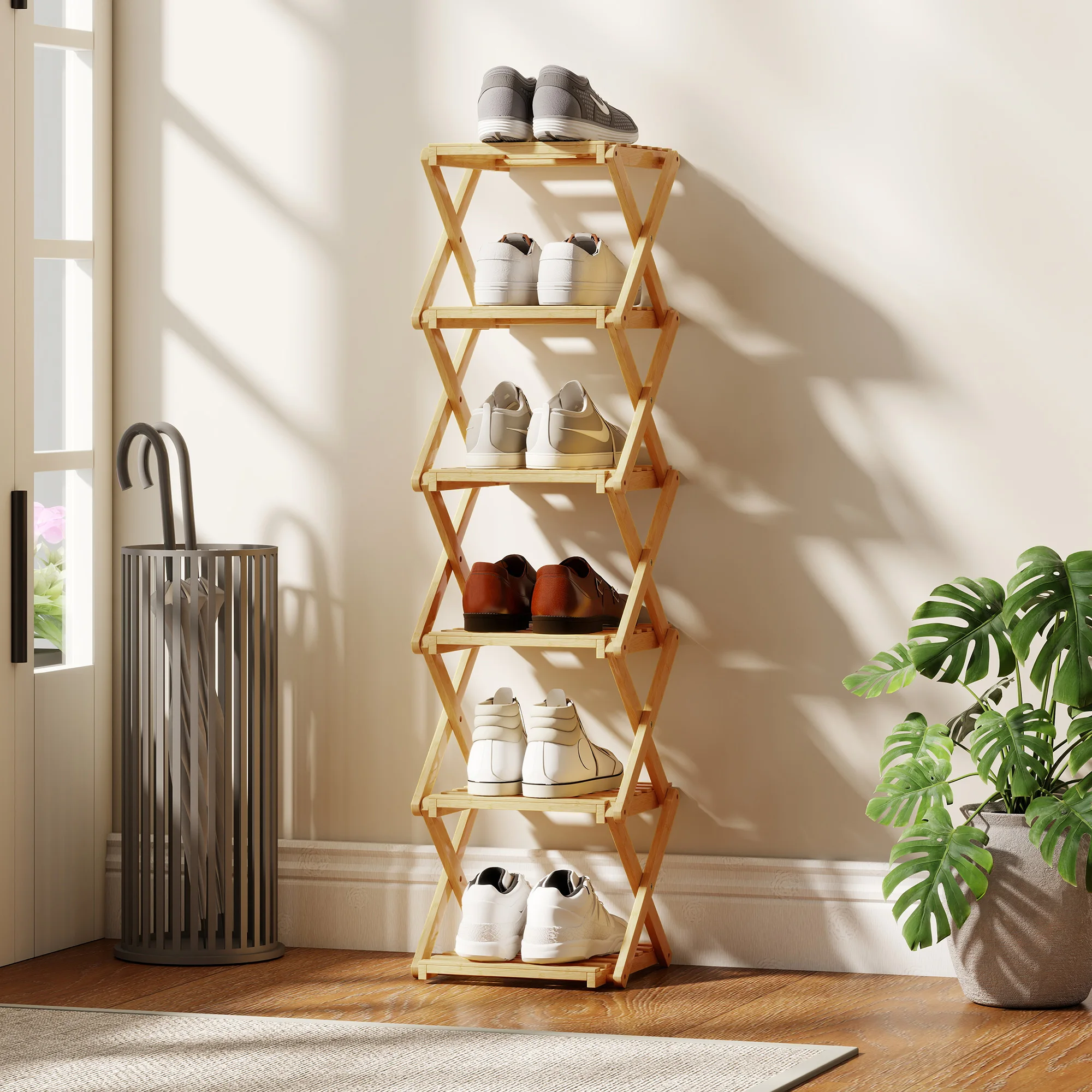 Étagère à chaussures pliable en bambou naturel, 6 niveaux, taille 3029108cm, capacité 9 paires de chaussures, légère, gain de place, pour l'entrée de la maison, résistante aux chocs, livraison rapide