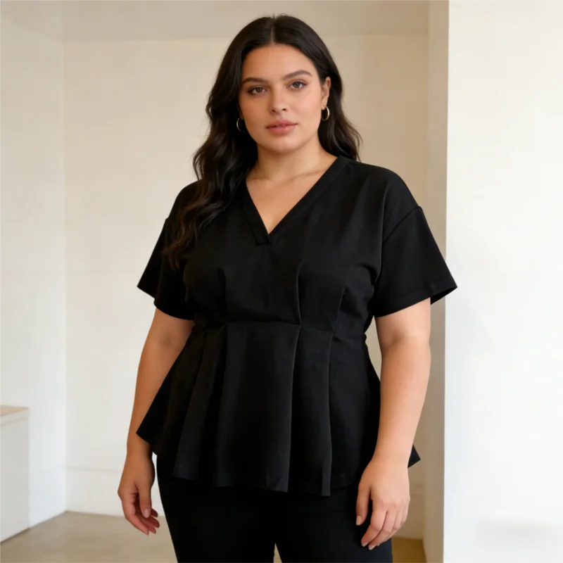 

Большие размеры, французская шикарная туника с v-образным вырезом и баской, женская однотонная повседневная летняя футболка с короткими рукавами, 40-150 кг