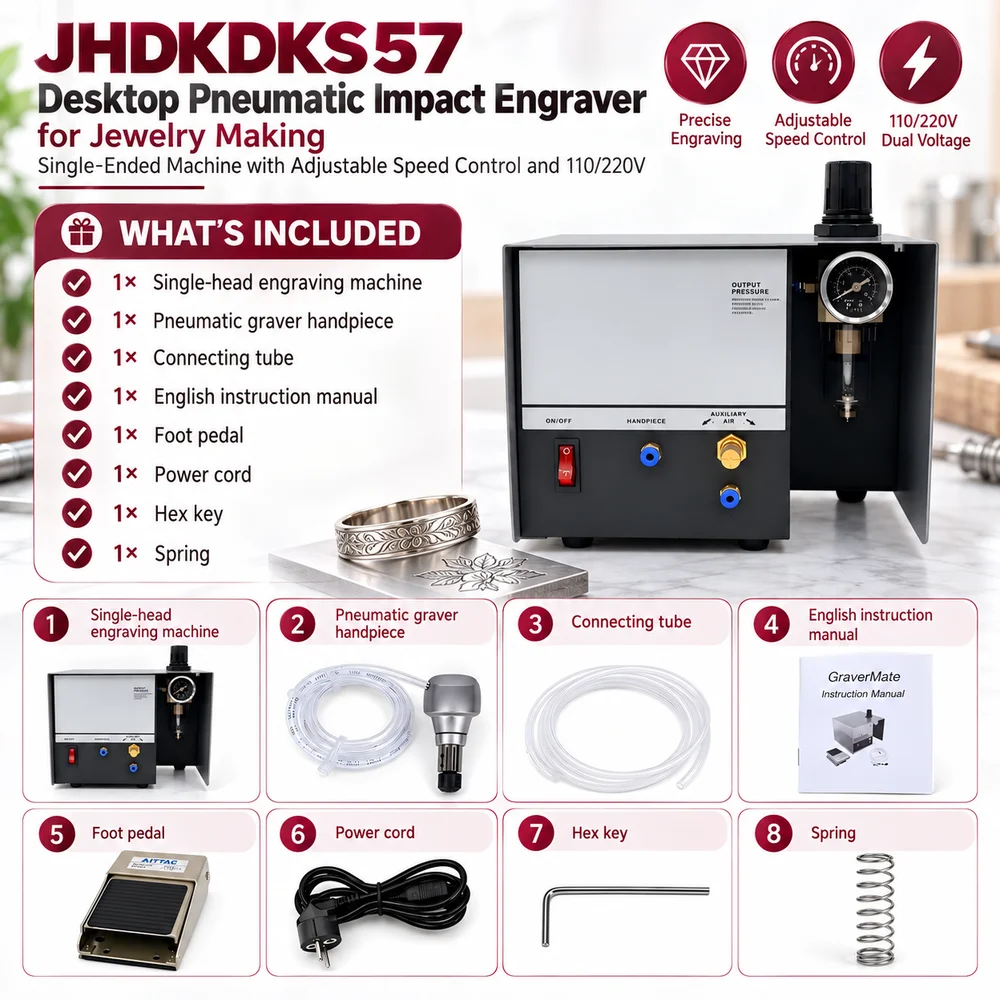 JHDKDKS57 Desktop Pneumatic Impact Engraver for Jewelry Making, Single-Ended Machine with Adjustable Speed Control and 110/220V