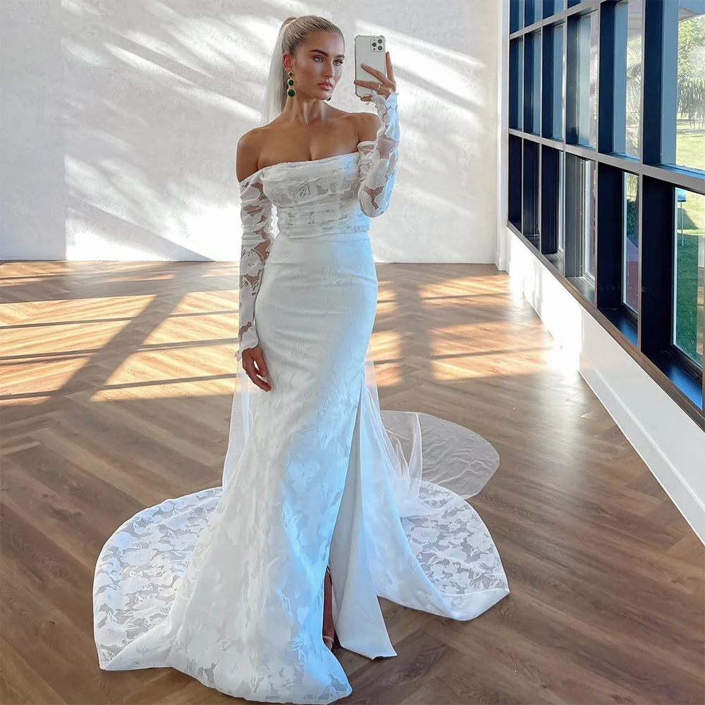 Long Sheer Sleeves Figure Hugging Floral Lace Wedding Dress High Side Slit Customized Classic Cowl Ruched Neck Bridal Gown