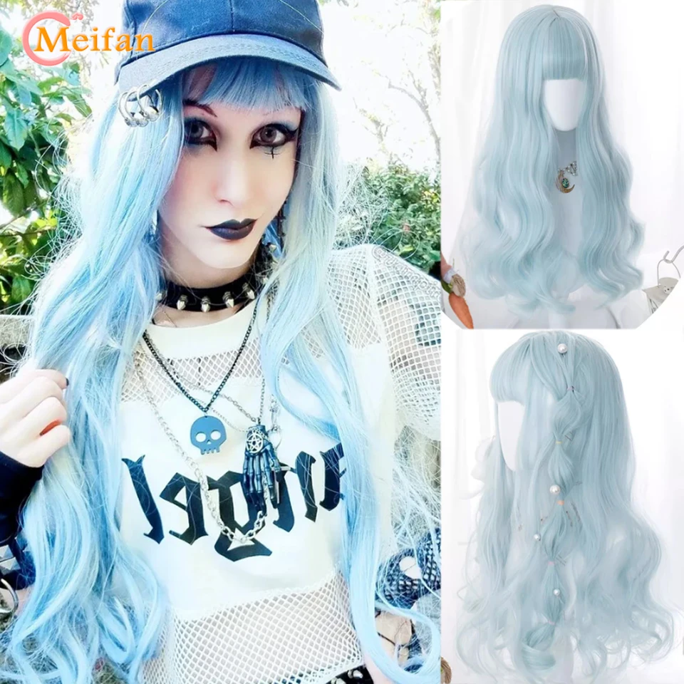 MEIFAN Synthetic Long Wavy Curly Lolita Wig with Bangs Girl Cute Ombre Blue Blonde Green Cosplay Party Halloween Harajuku Wig