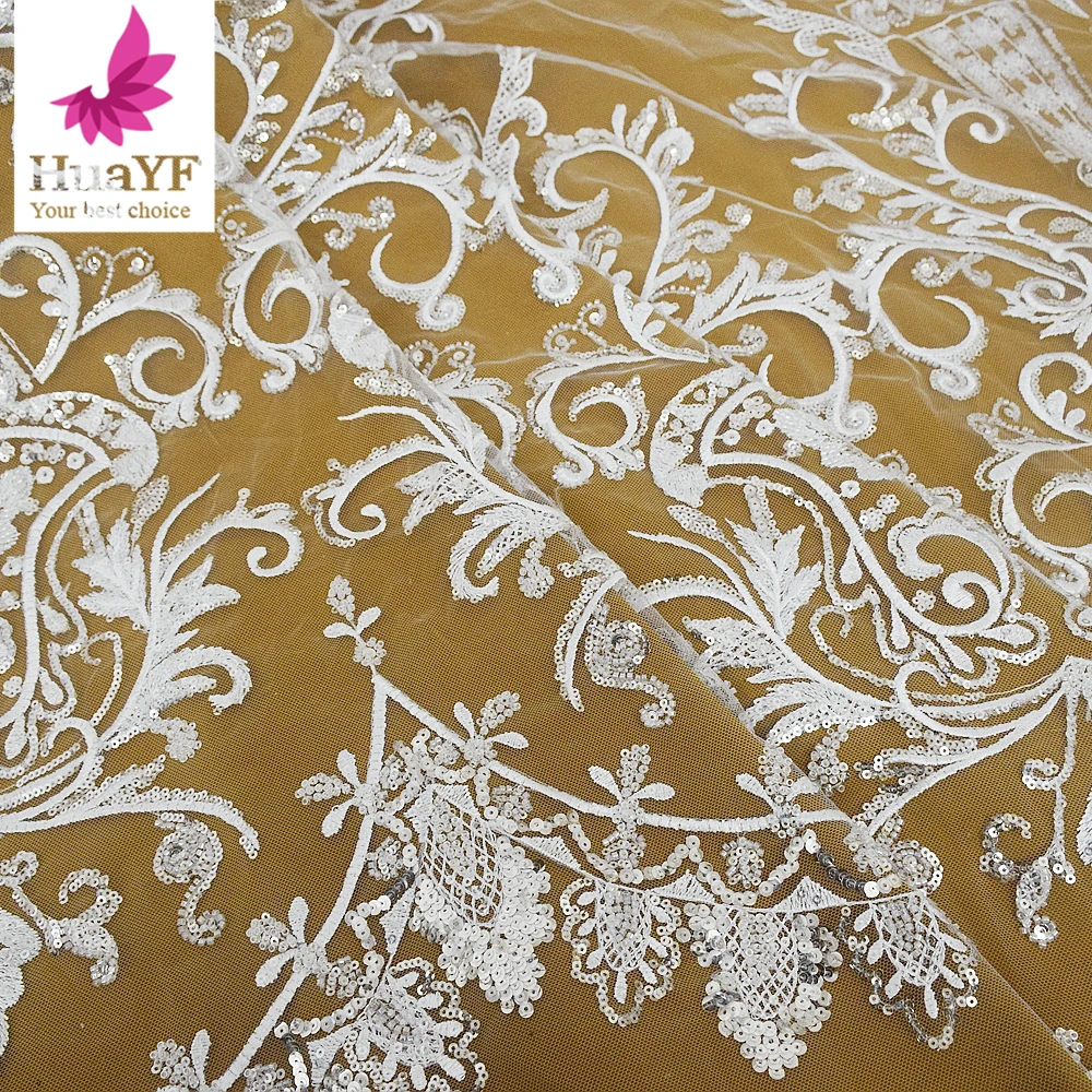 

1 Yard High Quality French White Bridal Lace Fabric with Sequins and Beading For Women Wedding Dress HY2208