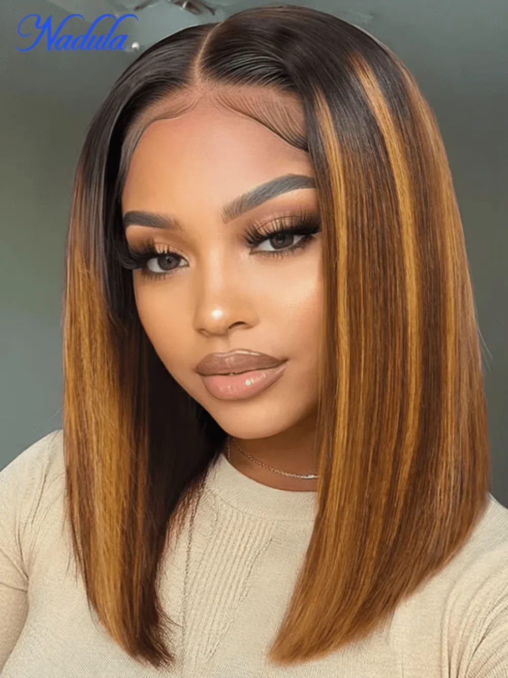 Nadula 7x5 Bye-Bye Slip ™   باروكة برباط على البيانو باللون البني العسلي مع جذور داكنة، ضع والذهاب، باروكة شعر بشري بدون غراء