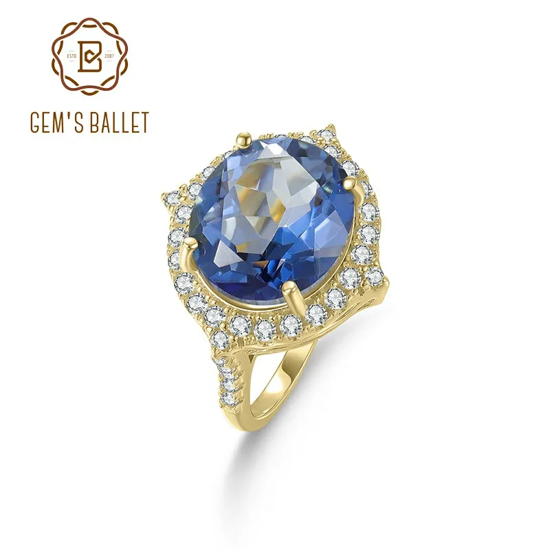 GEM'S BALLET Oval 12x14mm 7.87CT Iolite Blue Mystic Quartz Original Handmade Rings in 925 Sterling Silver Gift For Her