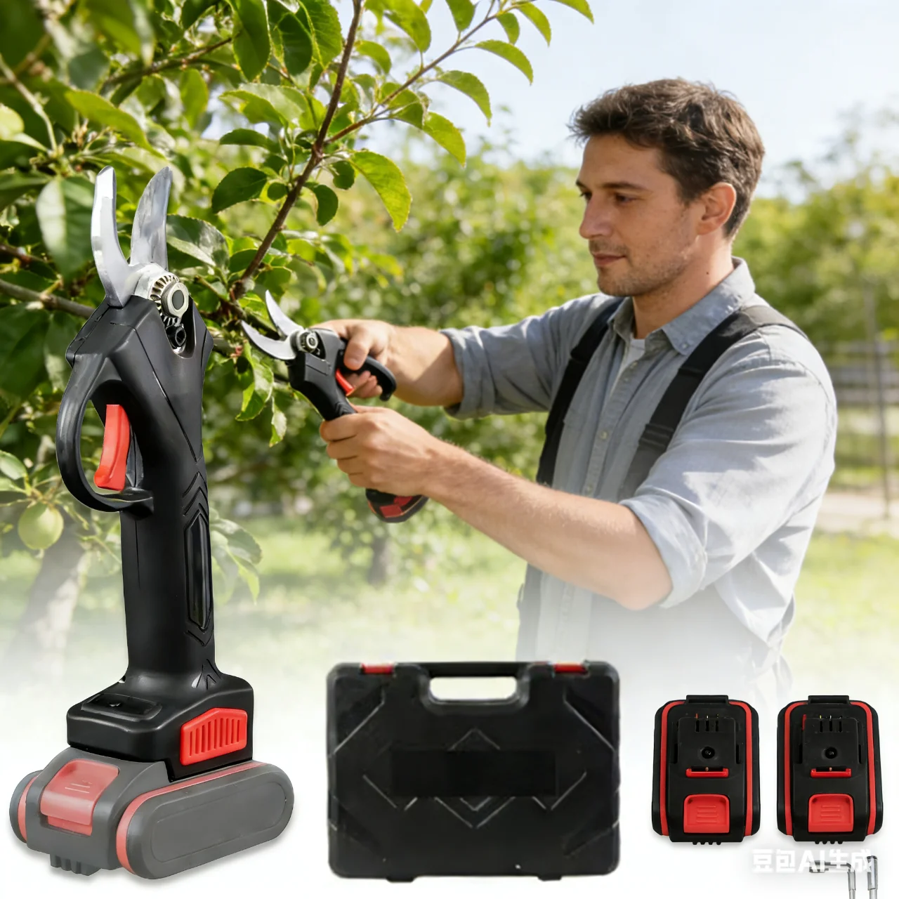 Sécateur électrique sans fil 1200W 25mm, cisailles de taille à 2 vitesses, coupe-fruits, outil de jardinage électrique avec 2 batteries