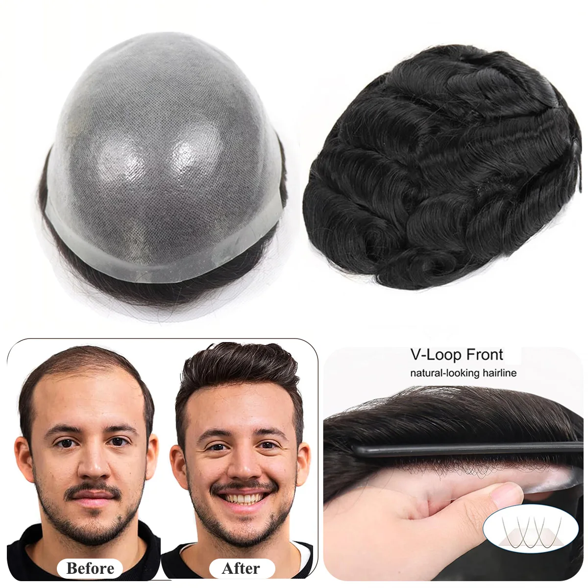 Rambut Manusia Rambut Palsu Kulit Tipis Garis Rambut Alami Prostesis Rambut Pria Prostesis Kapiler Simpul Ganda Sistem Rambut Wig Pria Realistis