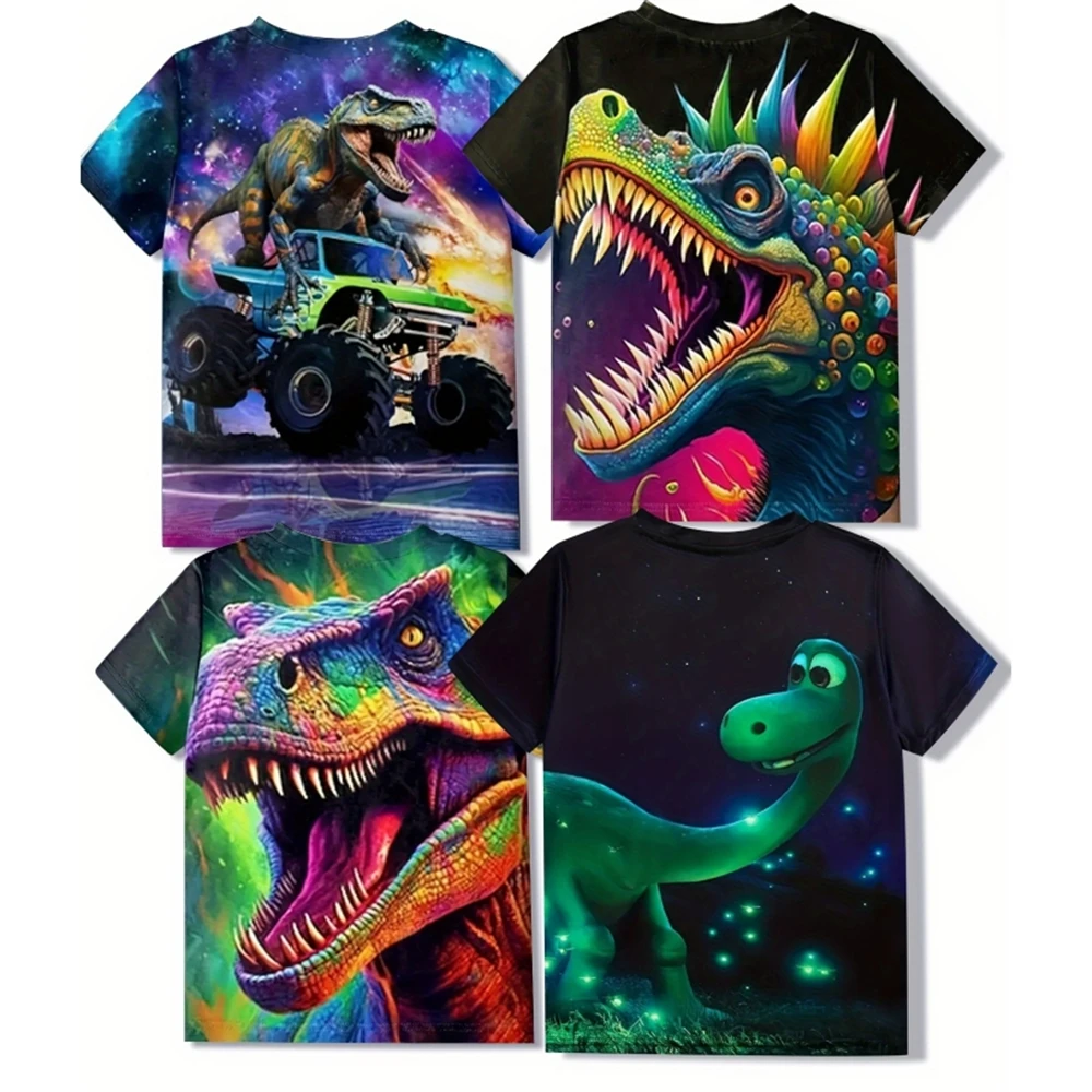 4 Stuks T-Shirt Voor Jongens Dinosaurus Print Casual Jongens Kleding Kinderen Top Comfortabele Kinderkleding Korte Mouw Baby Zomer Kleding