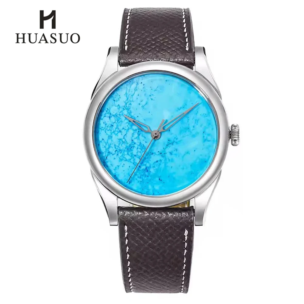 HuaSuo 38mm Men Watch Luxury Business Tiger Eye Stone Dial Watches PT5000 Automatic Mechanical Stainless Steel Wristwatch