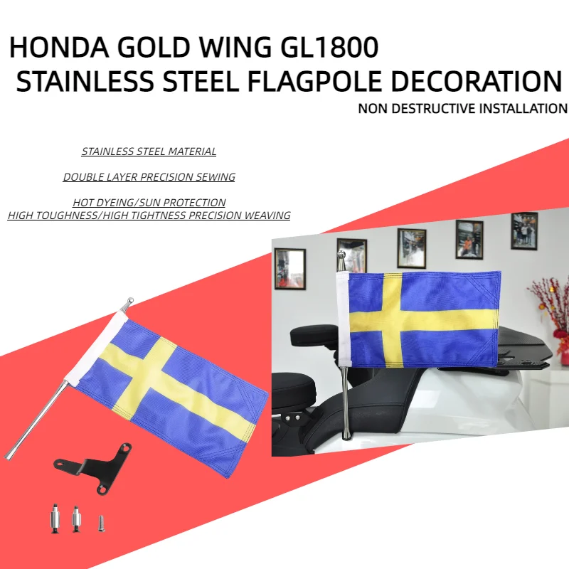 

Gold Wing GL1800 moto Flag accessories For Honda Sweden travel tools Flag Flagpole Set Trunk Bracket Flag 2018-2024 - Panical