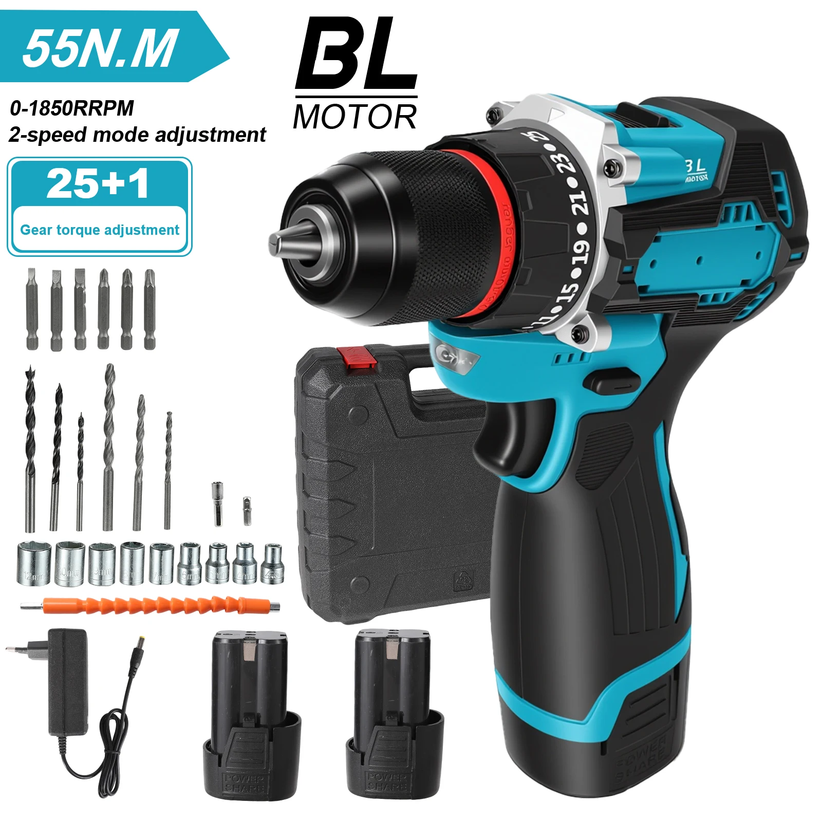 55nm Brushless Cordless Drill Driver Kit, 24+1 Torque & 0-1850 Rpm, 29 PCS