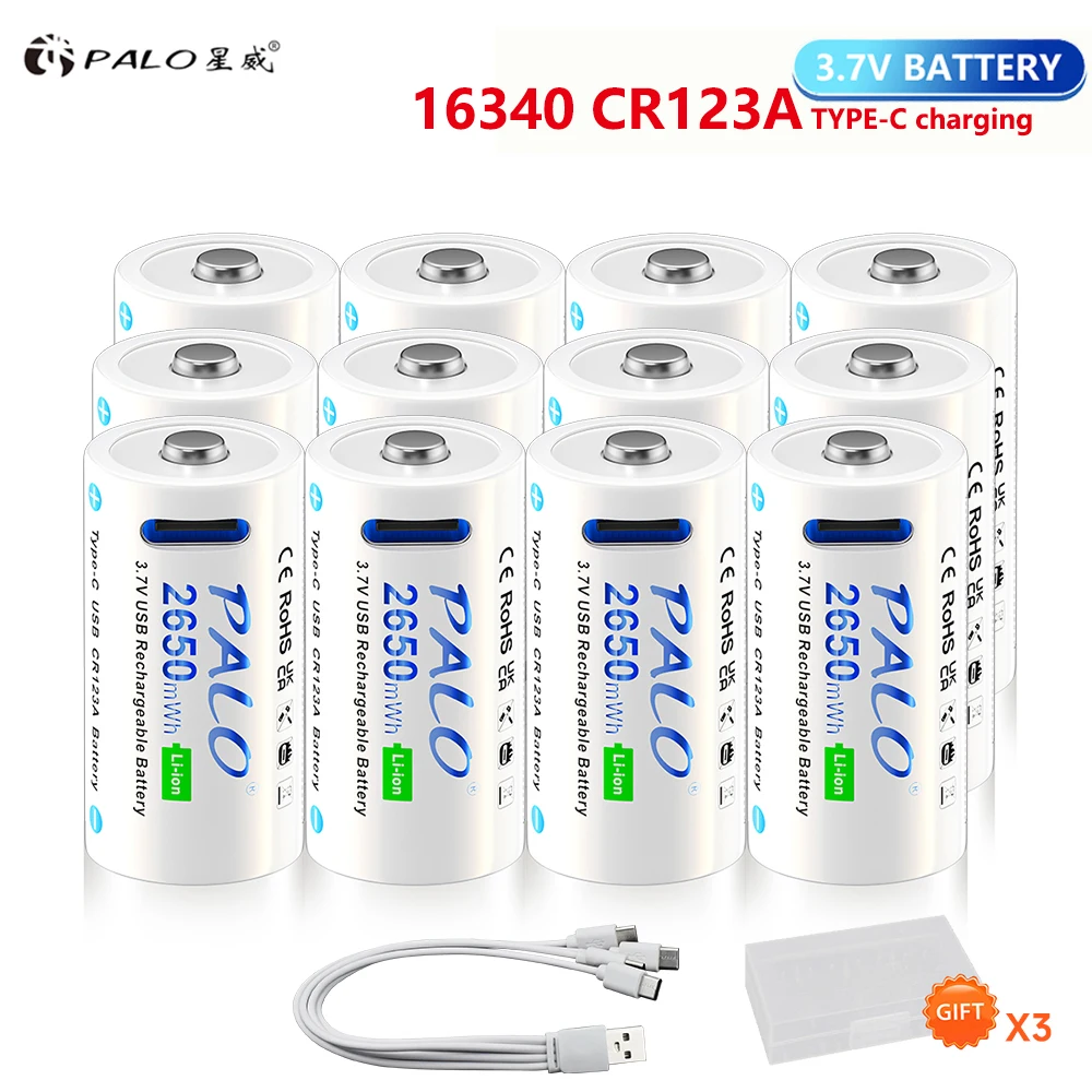 PALO 12-32PCS 3.7V CR123 CR123A Rechargeable Battery Type C USB RCR123 16340 16350 Btteries With USB Cable For Flashlight Camera