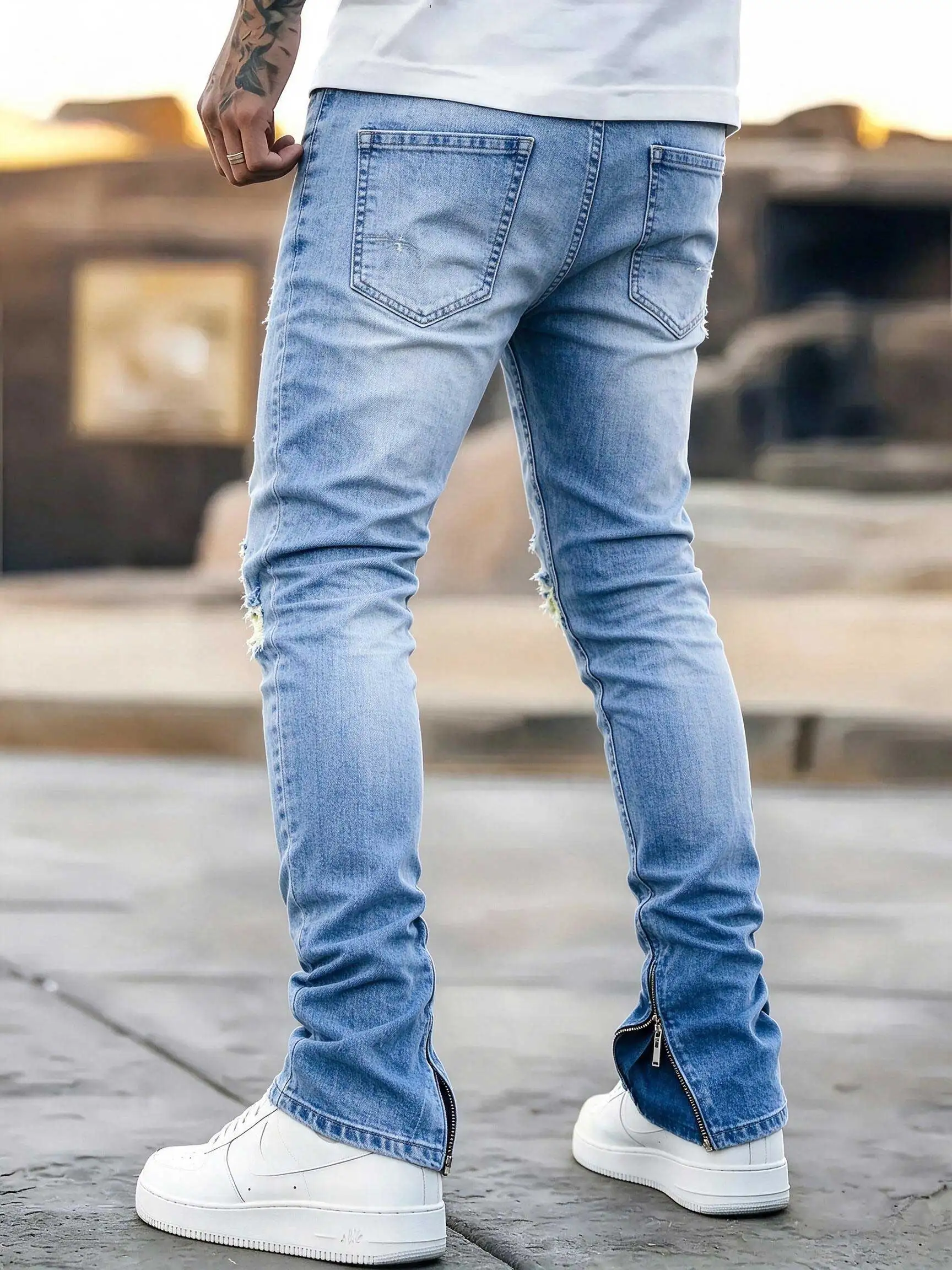 Men's Fashion Ripped Hem Zipper Jeans