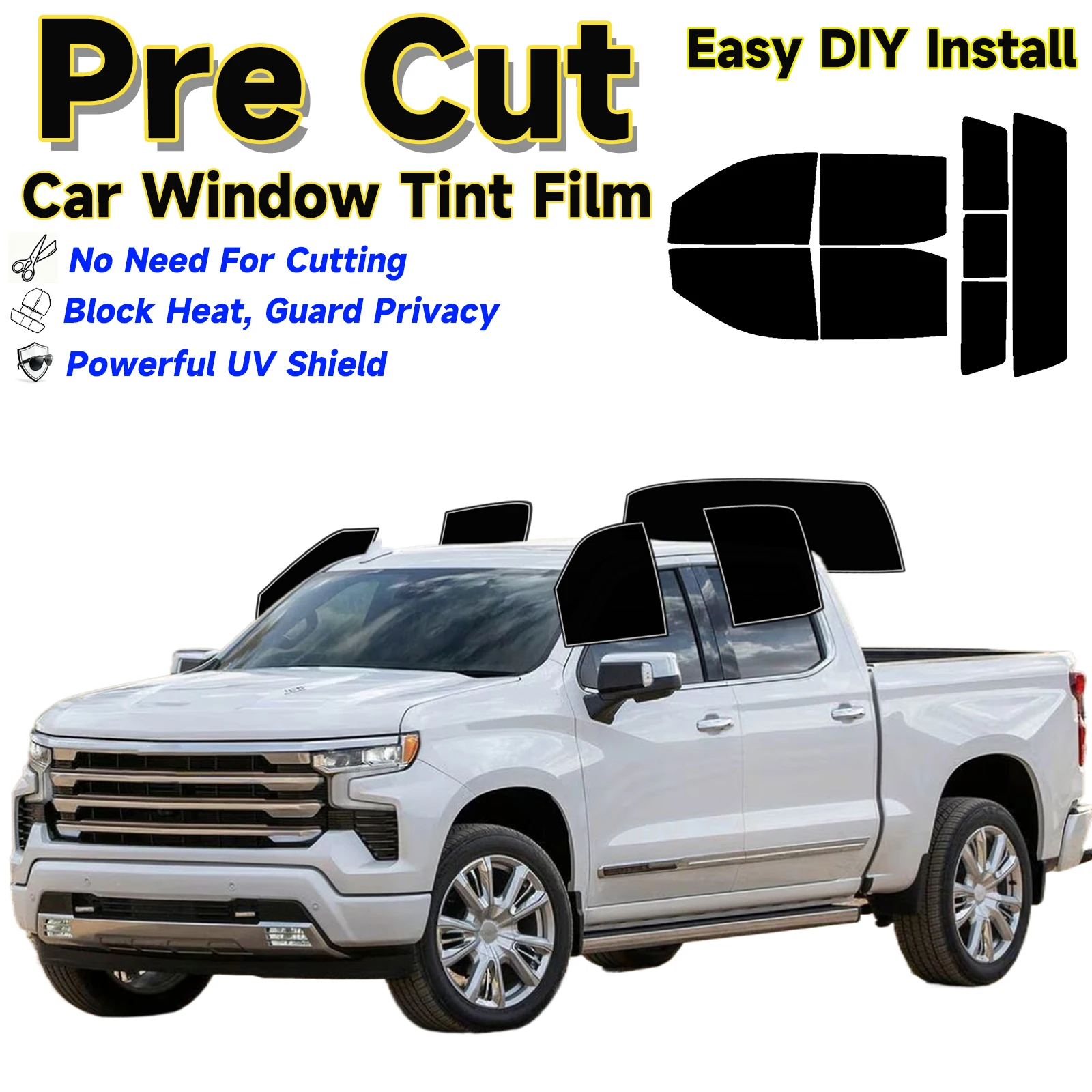 

Pre-Cut Window Tint for Chevrolet Silverado 1500 Crew 2019-2026 Sun Uv Blocking Heat 2-Ply Window Protector Privacy Films