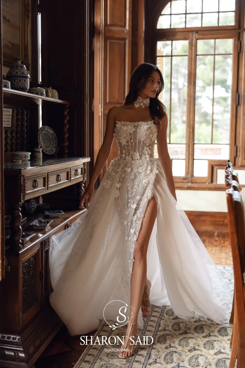 Sharon Said Элегантное белое свадебное платье без бретелек с 3D цветами, винтажное тюлевое платье невесты без рукавов с боковым разрезом SW413, индивидуальный заказ
