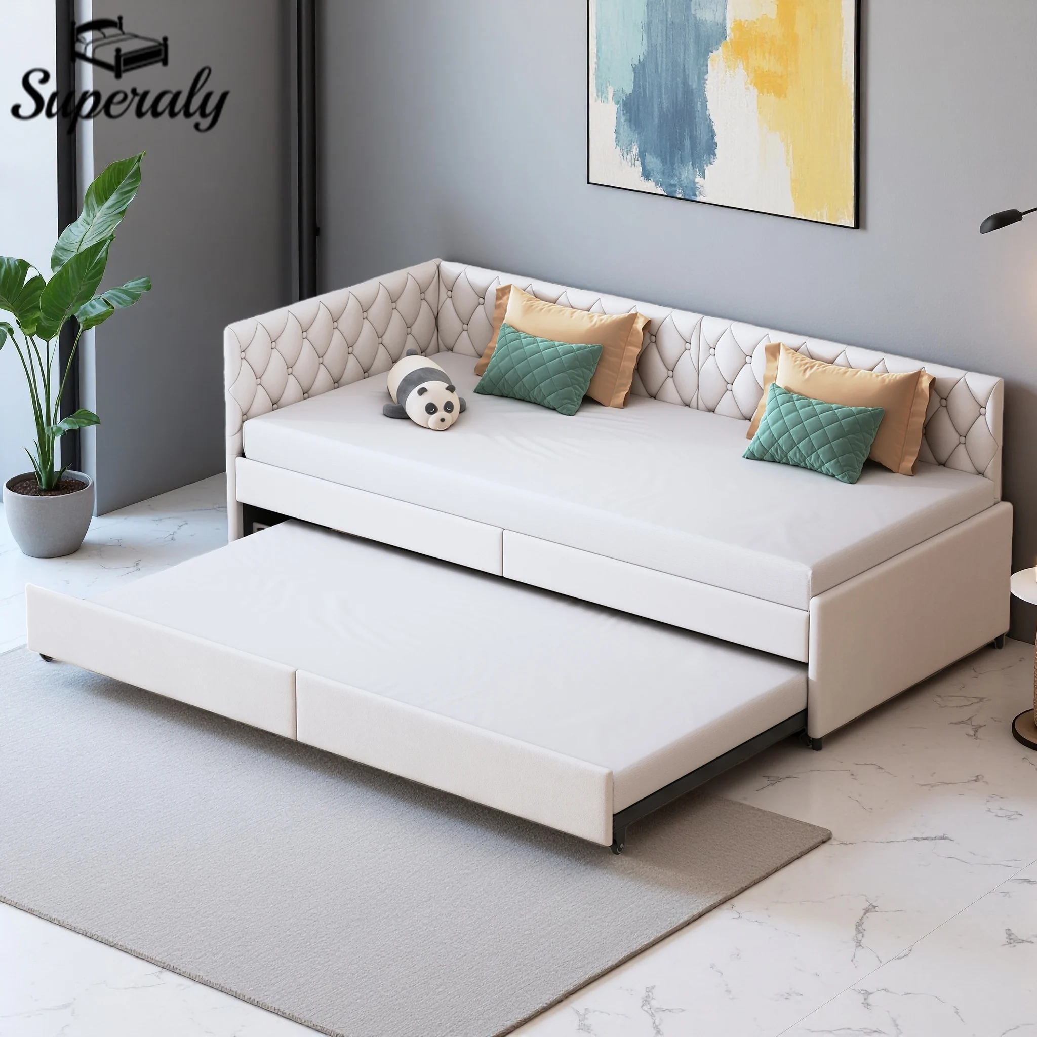 Cadre de lit double rembourré Superaly 90x200cm, canapé-lit 2-en-1 avec sommier à lattes, cadre de lit simple, tissu en velours