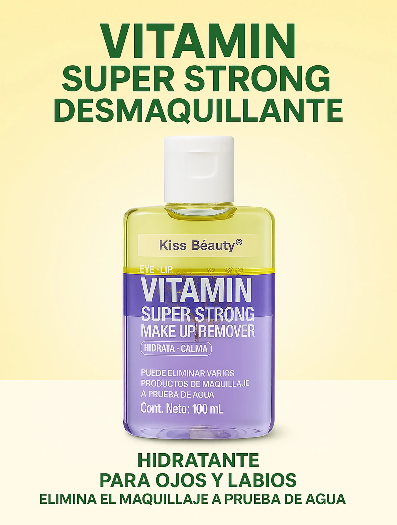 Desmaquillante Bifásico con Vitaminas Kiss Beauty 100 mL – Súper Potente y Suave – Elimina Maquillaje Waterproof, Hidrata y Calma – Ideal para Ojos y Labios, Limpieza Profunda y Refrescante.