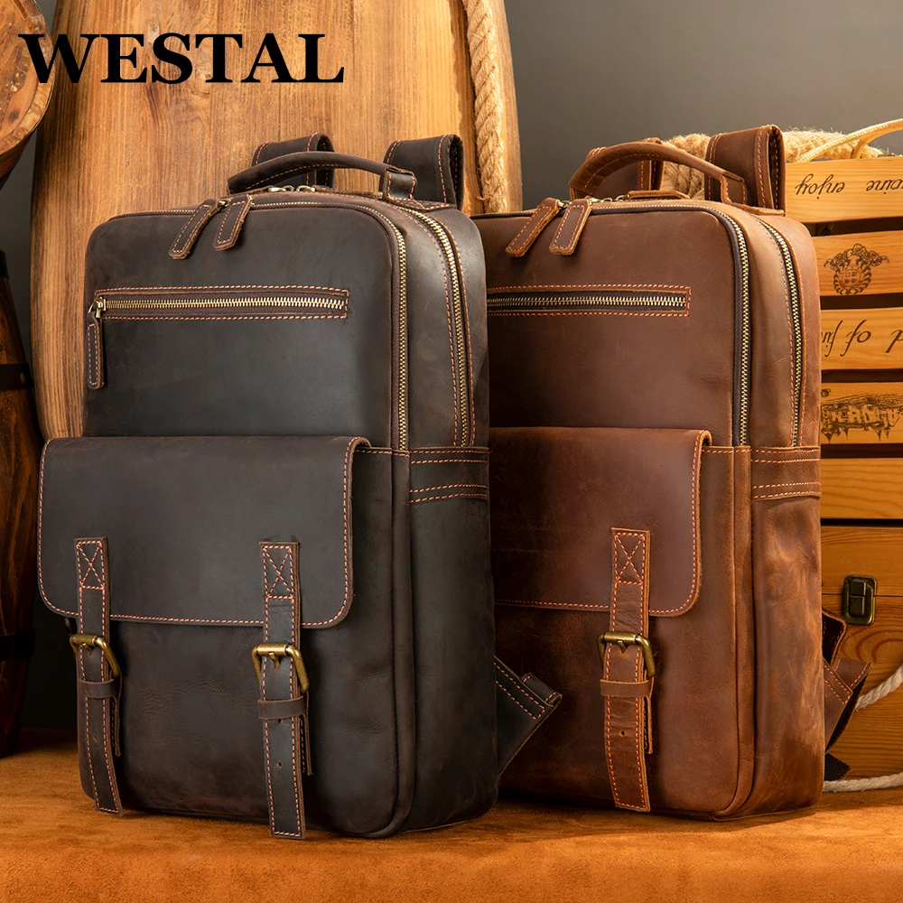 

WESTAL Men’s Genuine Leather Backpacks Crazy Horse Leather Man Backpack Male School Bag For 15" Laptop Retro Business Daypacks