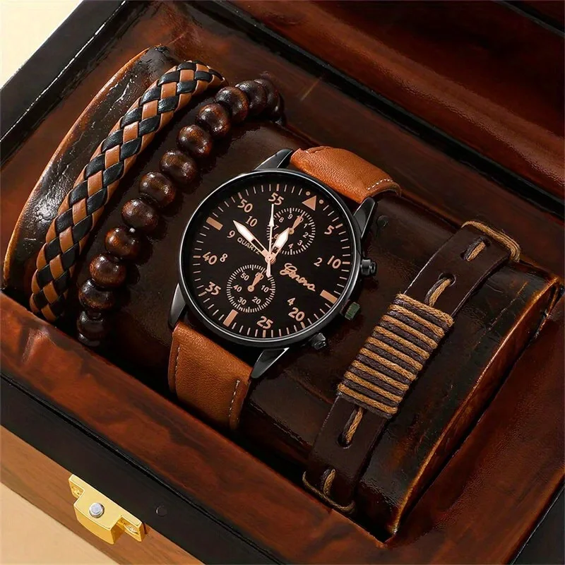 

New Men Watch Luxury Bracelet Set Fashion Business Brown Leather Quartz Wrist Watches for Men Gift Set Relogio Masculino