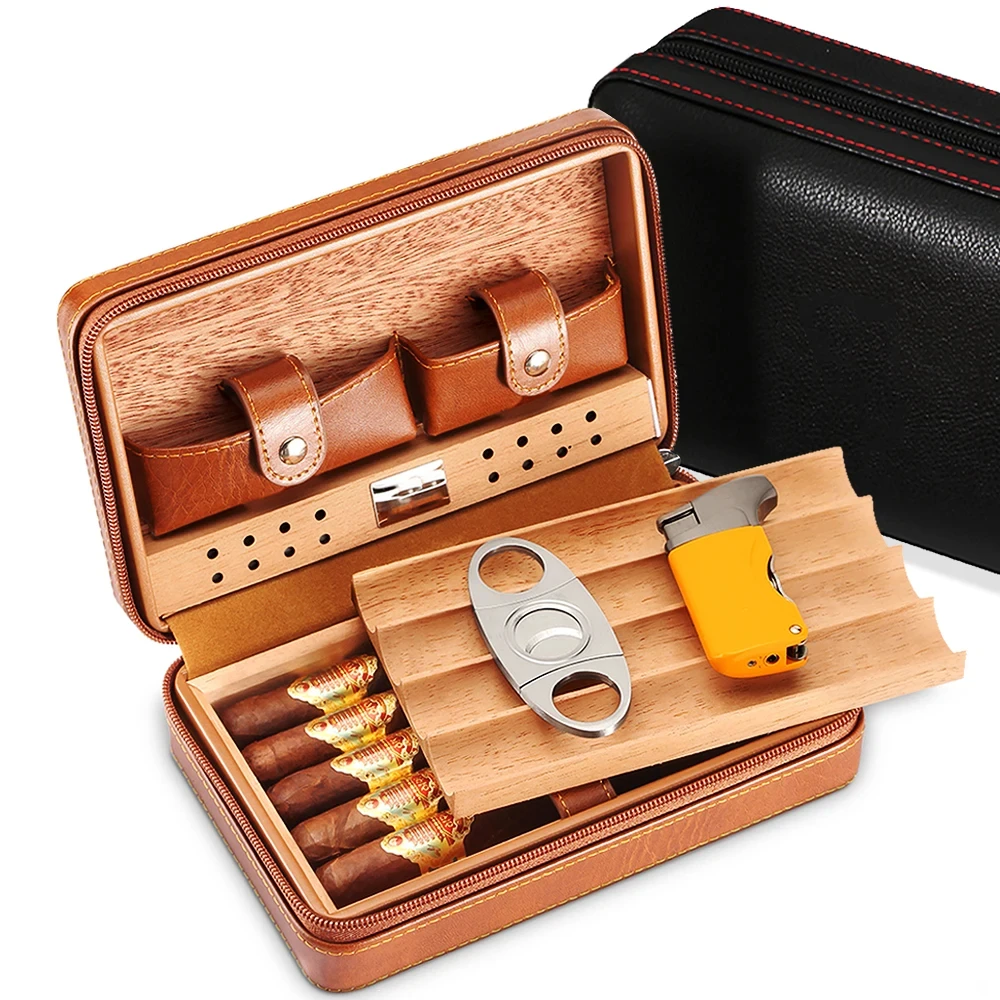 

Portable COHIBA Humidor Cigar Box Travel Cigar Case Leather Cedar Wood Cigar Humidor Box W/ Cutter Lighter Pro Set Accessories