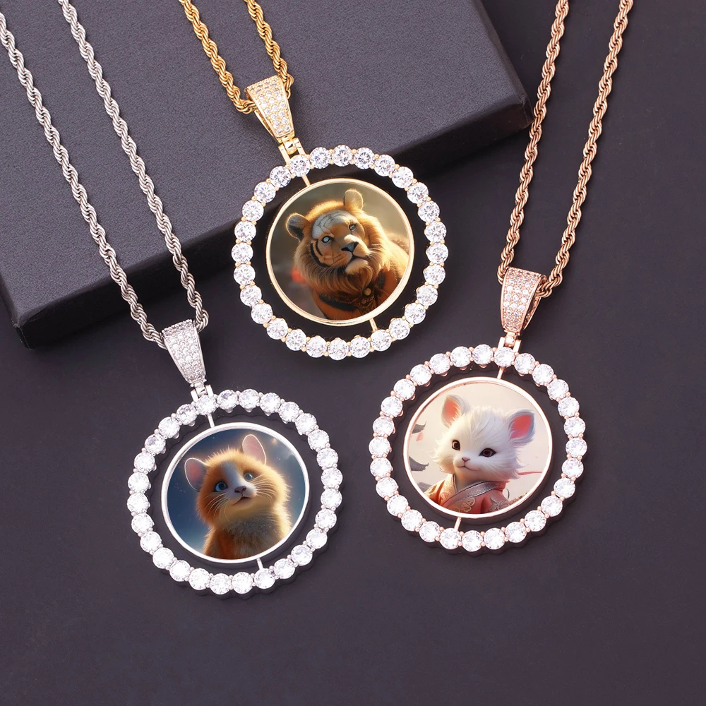 45mm DIY Custom HipHop Double Sided Picture Locket Memory Pendants Iced Out 360° Rotatable CZ Round Photo Frame Necklace Jewelry