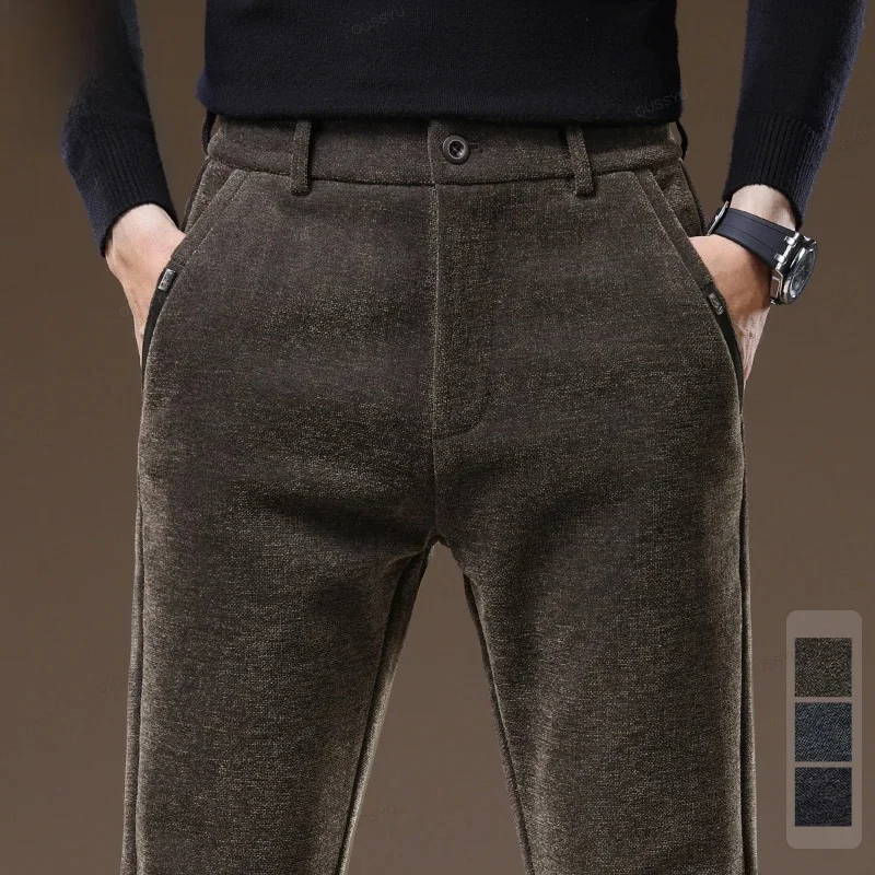 Neue Herbst Winter Luxus Freizeit hose Männer dicke Business elastische Taille Slim Fit koreanischen gebürsteten Stoff braun lange Hose männlich