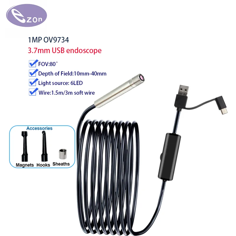 3.7mm diameter FOV80° USB portable endoscope for industrial pipeline inspection compatible with Android and Windows systems