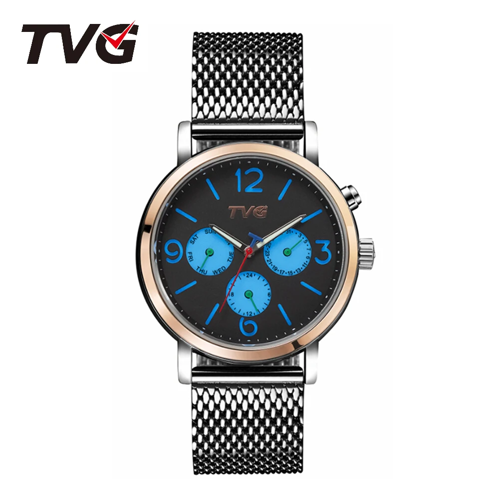 TVG brand watch Lovers Valentine\'s Day Gift Mesh belt Business Man Miss Genuine Leather Luminous Water proof Multifunction