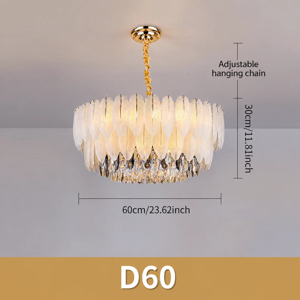 Gouden kroonluchter met kristallen en veren, moderne ronde en ovale hanglamp met glazen veren en kristallen elementen, E14, 50 tot 100 cm.