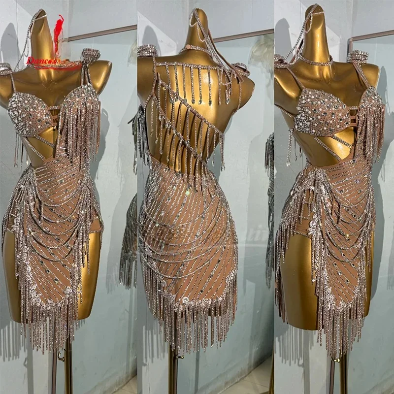 Latein-Wettkampfkleidung, hochwertiges, luxuriöses AB-Steine-Fransenkleid für Erwachsene und Kinder, maßgeschneidertes lateinamerikanisches Tanz-Performance-Kostüm