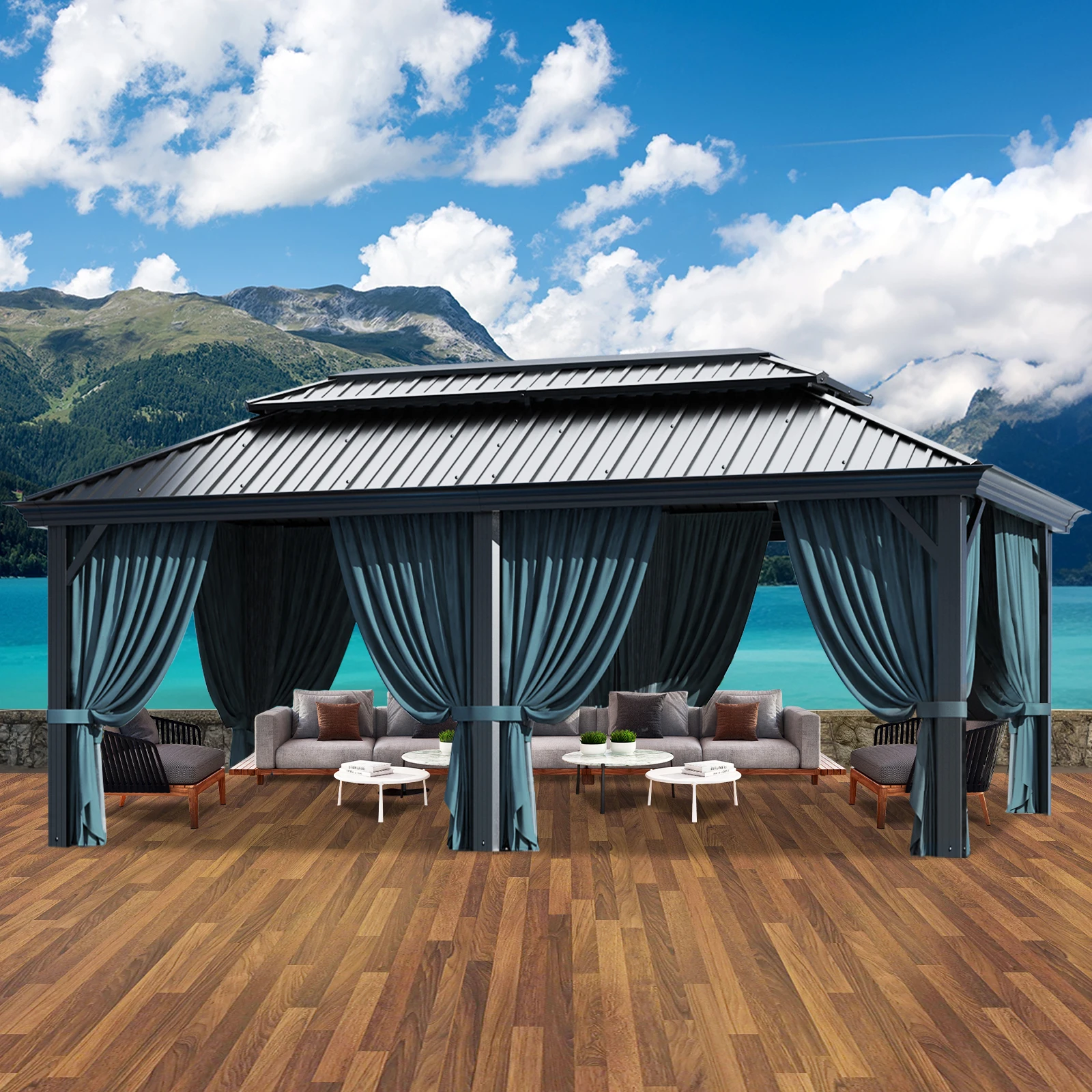 

12x20ft Gazebo With Metal Roof Heavy Duty Tent With Curtain And Netting With Galvanized Steel Double Roof Outdoor Patio Pavilion