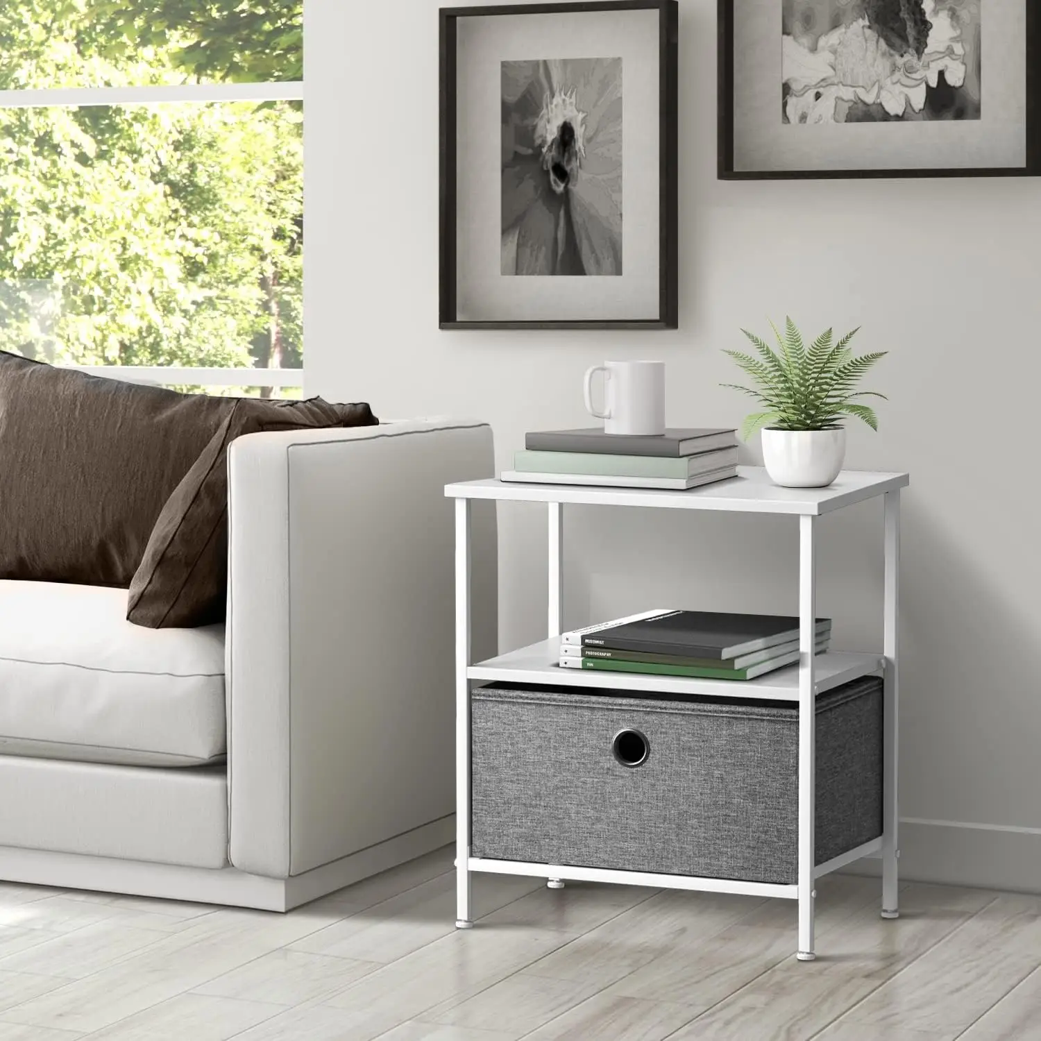 Nightstand 1-Drawer Shelf Storage - Bedside Furniture & End Table Chest Dresser with Steel Frame, Wood Top & Easy Pull Fabric Bi image 2